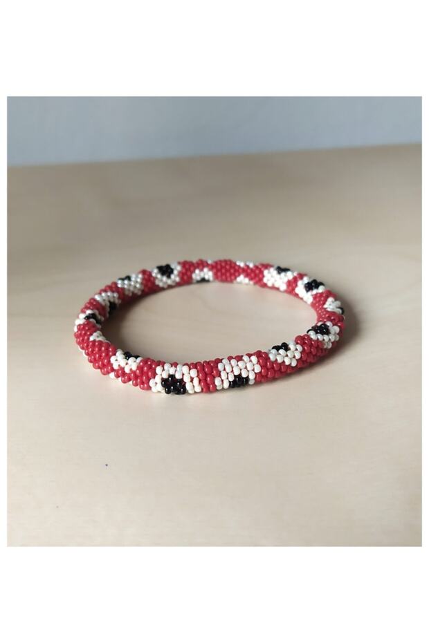 Nepal Knitted Bracelet with Red Flowers