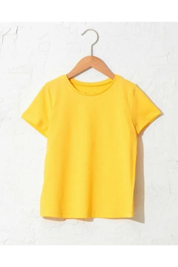 Unisex Children's Round Collar Yellow Short Sleeve Combed Cotton T-shirt