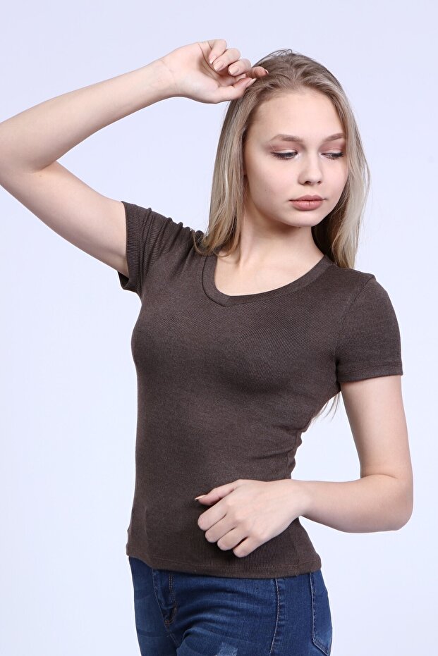 Women's Brown V-neck T-shirt