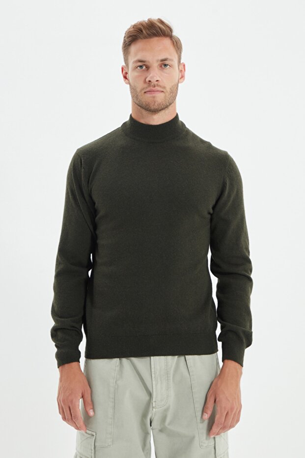 Haki Slim Fit Yünlü Yarım Balıkçı Yaka Basic Triko Kazak TMNAW21KZ1595 - 4