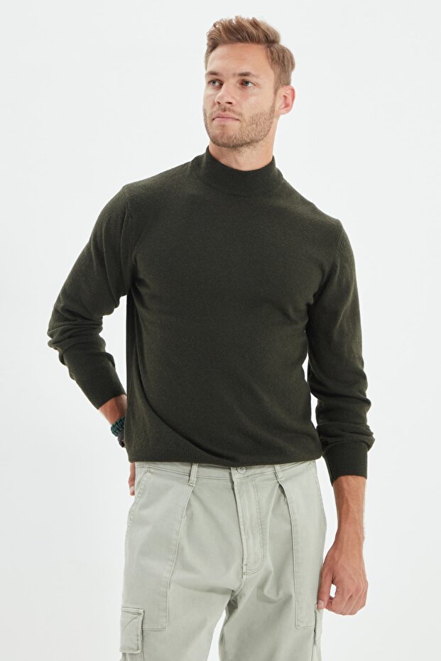 Haki Slim Fit Yünlü Yarım Balıkçı Yaka Basic Triko Kazak TMNAW21KZ1595 - 2