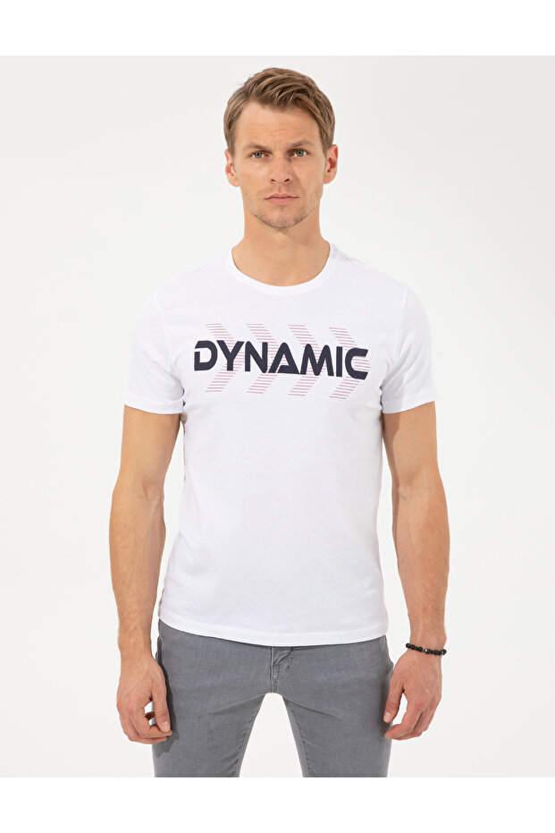 White Slim Fit Printed Crew Neck T-Shirt 50254024-Vr013