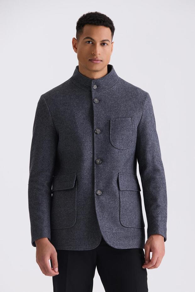 Anthracite Slim Fit Judge Collar Woolen Sport Cashmere Coat