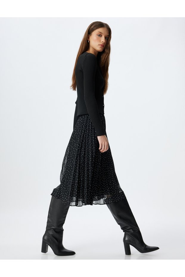 Lined High Waist Polka Dot Detail Midi Length Pleated Chiffon Skirt