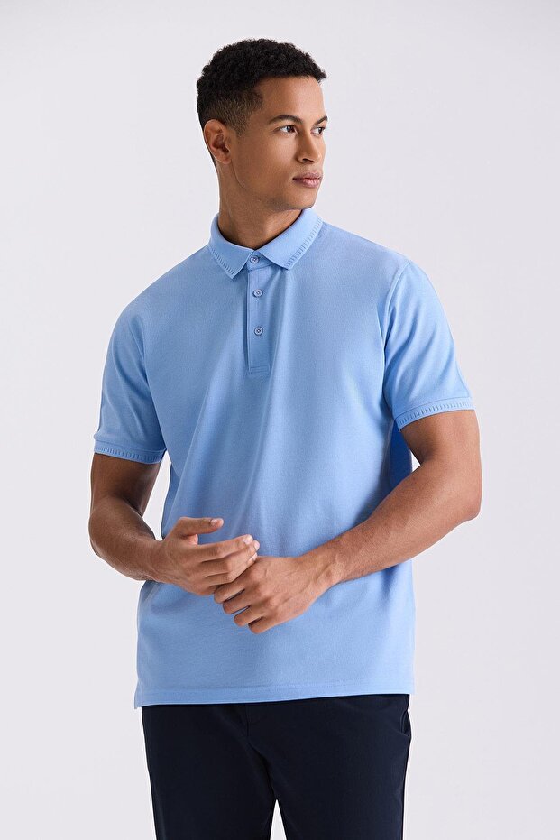 Blue Slim Fit 100% Cotton Mercerized Polo Neck T-Shirt