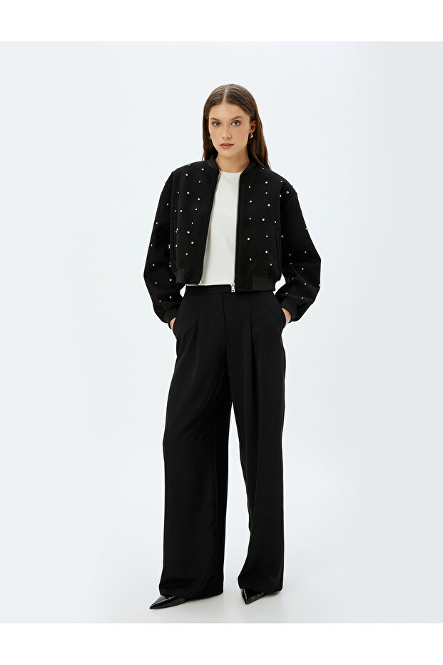 Crop Stoned Bomber Jacket Round Neck Pocket Zippered