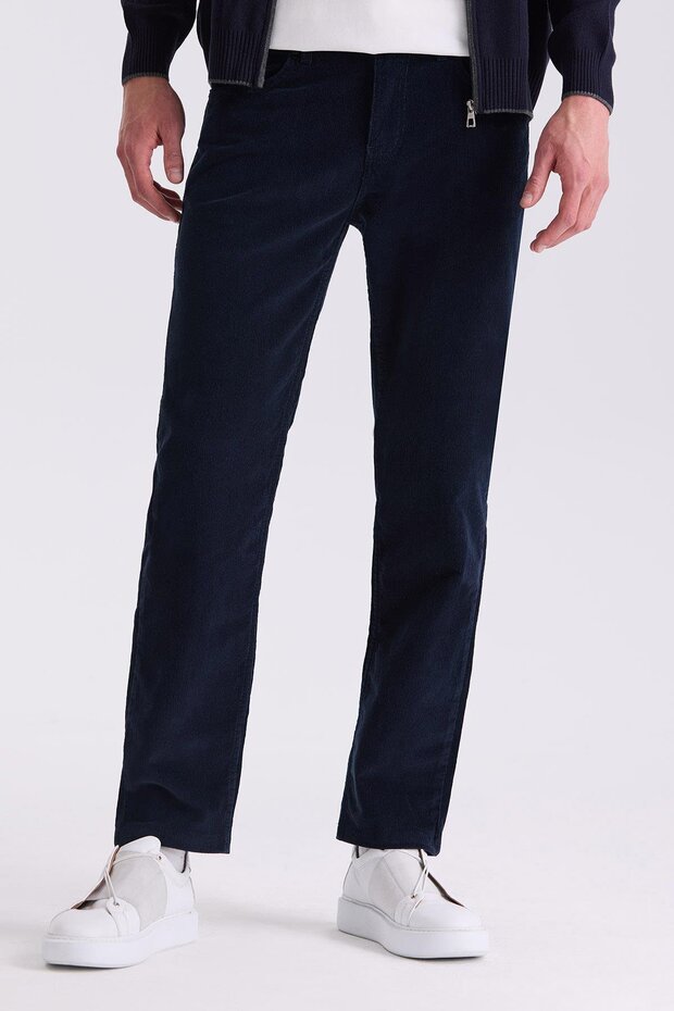 Navy Blue Regular Fit Lycra Cotton Velvet Trousers