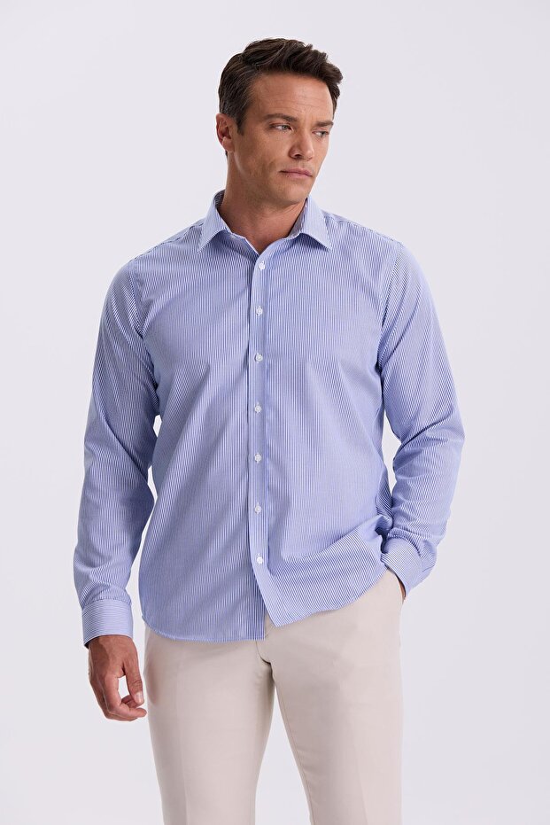 Navy Blue Comfort Fit Non-Ironing 100% Cotton Striped Non-Iron Shirt
