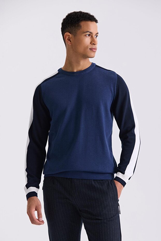 Blue Slim Fit Stripe Detailed Crew Neck Knitwear Sweater