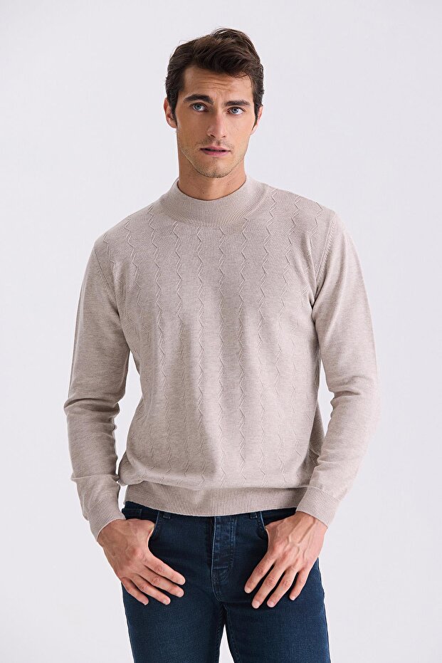 Beige Classic Fit Patterned Half Turtleneck Sweater
