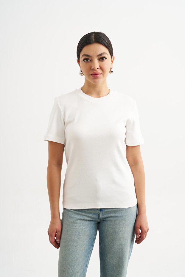 Beyaz Basic Bisiklet Yaka Tshirt - 3