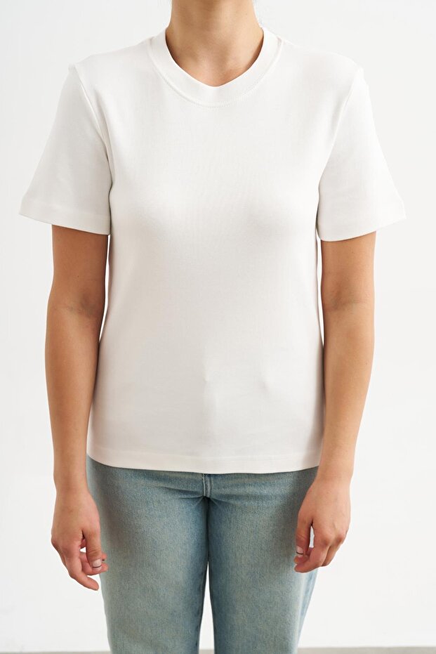 Beyaz Basic Bisiklet Yaka Tshirt - 1