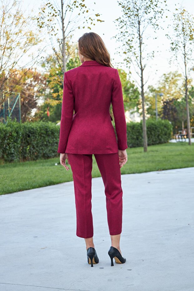 مجموعة تأثير الصوف ذات الزر الواحد باللون العنابي - 7