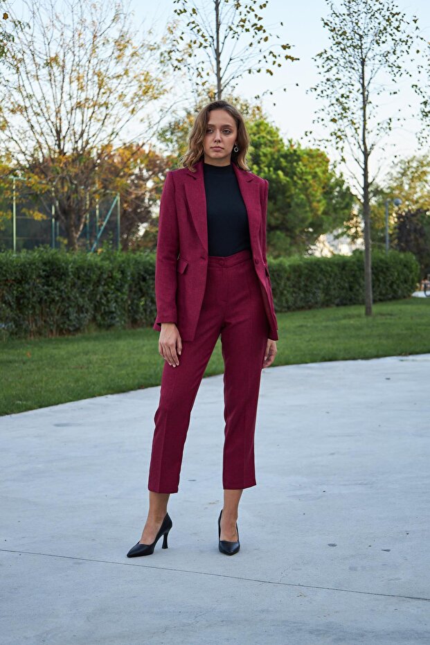 مجموعة تأثير الصوف ذات الزر الواحد باللون العنابي - 1