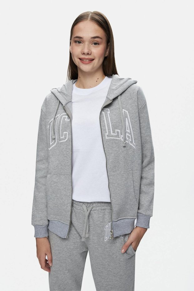 Joyce Gray Hooded and Zippered Cotton Appliqued Standard Fit Women's Sweatshirt