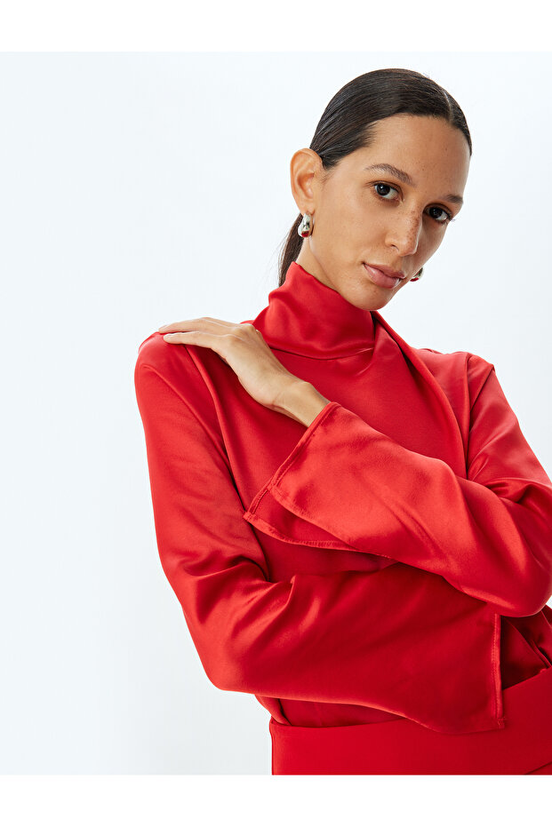 Satin Blouse Asymmetrical Stand Collar Drape Detailed Long Sleeve