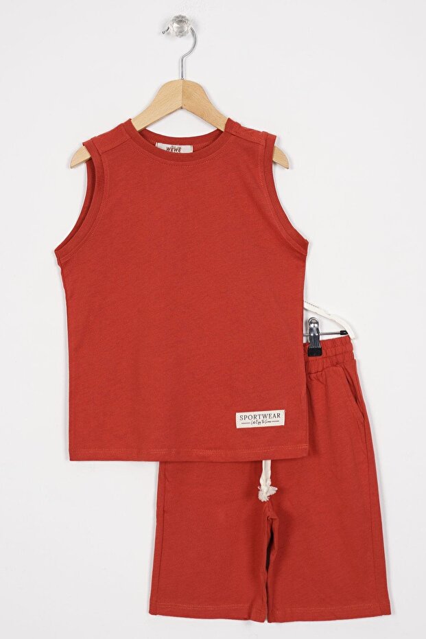 Sport Wear Embroidered Brick Color Boys' Capri Set
