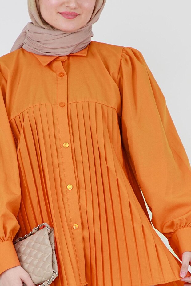 Önü Piliseli Gömlek-Turuncu - 5