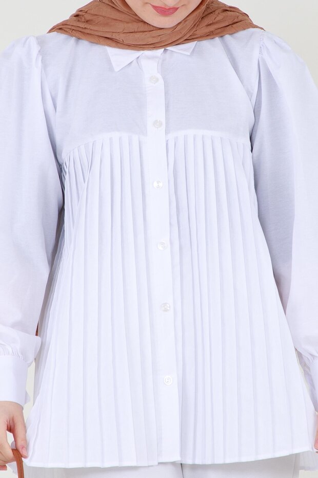 Önü Piliseli Gömlek-Beyaz - 5