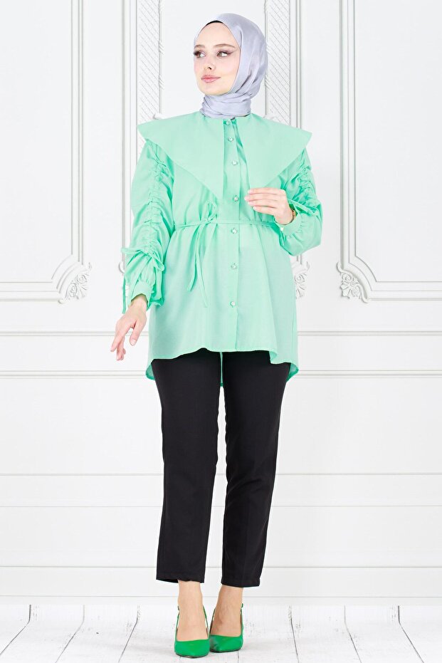 Large Collar Tunic with Drawstring Detail - Green