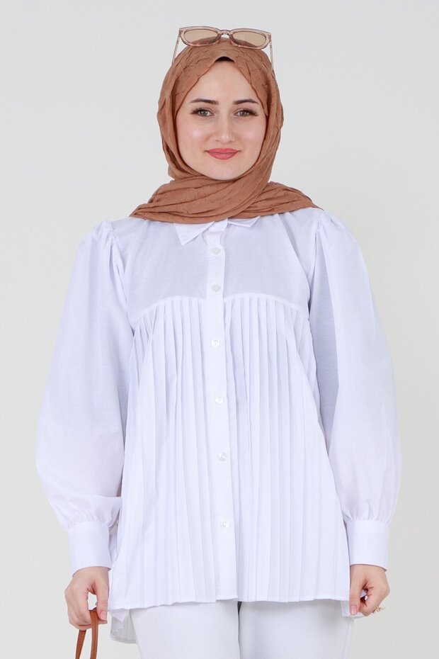 Önü Piliseli Gömlek-Beyaz - 1