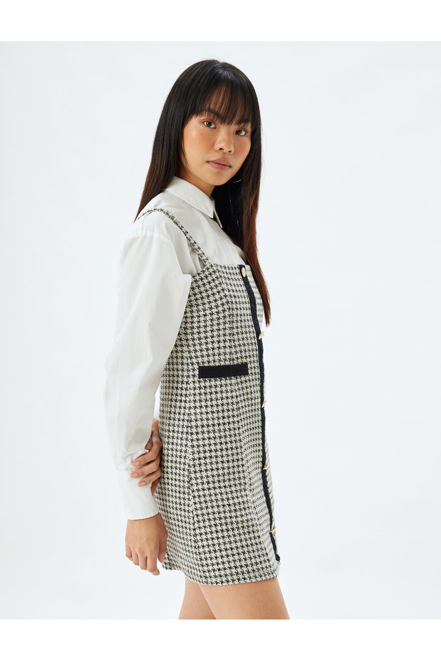 Mini Dress Sleeveless with Houndstooth Detail and Buttoned Pockets