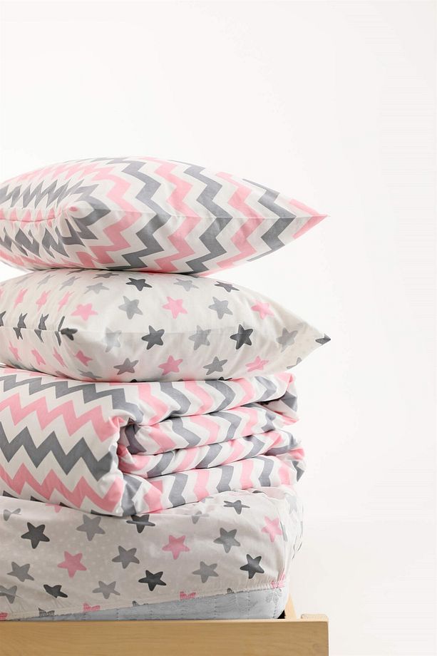 Zigzag Desenli Lastikli Çarşaflı Pamuklu Tek Kişilik Nevresim Takımı - Pembe - 6
