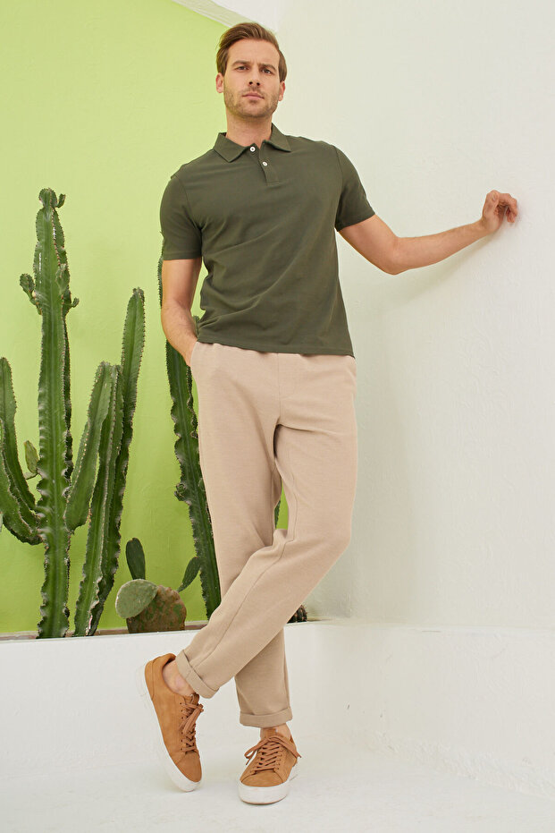 Basic Regular Fit Erkek Haki Polo Yaka Tişört - 6