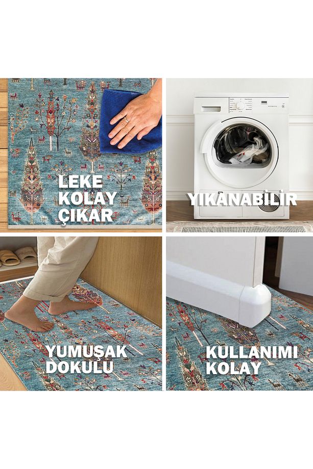 Karabağ Antik Desenlere Sahip Yıkanabilir Kolay Kullanımlı Kaymaz Nostaljik Mavi Makine Halısı - 8