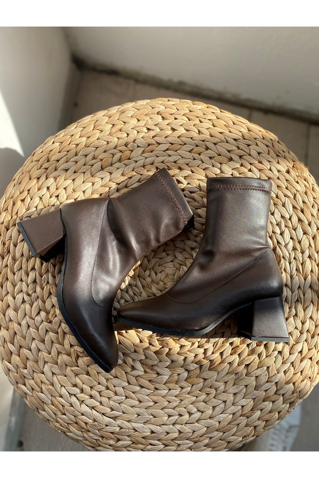 Light Brown Stretch Blank Toe 5 cm Heeled Daily Women's Boots Tmd 202434