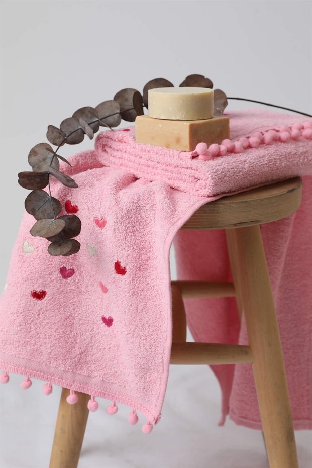 Yoncagül Pompom 2 Pack Hand and Face Towel 50x90 - Pink