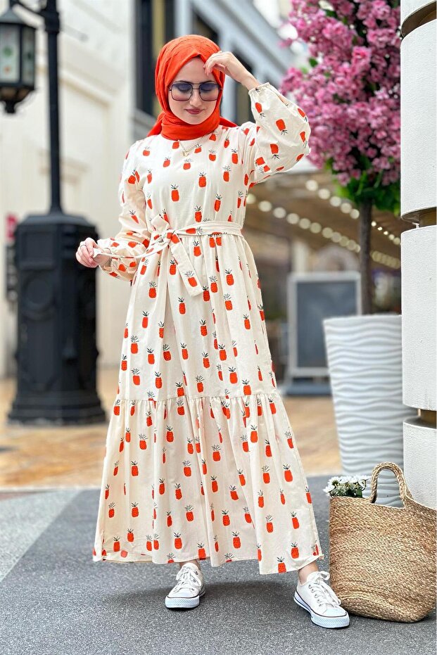 Linen Fabric Pineapple Patterned Long Dress-Orange