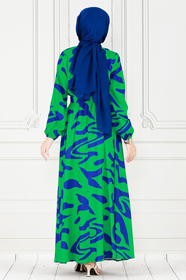 فستان منقوش هندسي-أزرق - 4