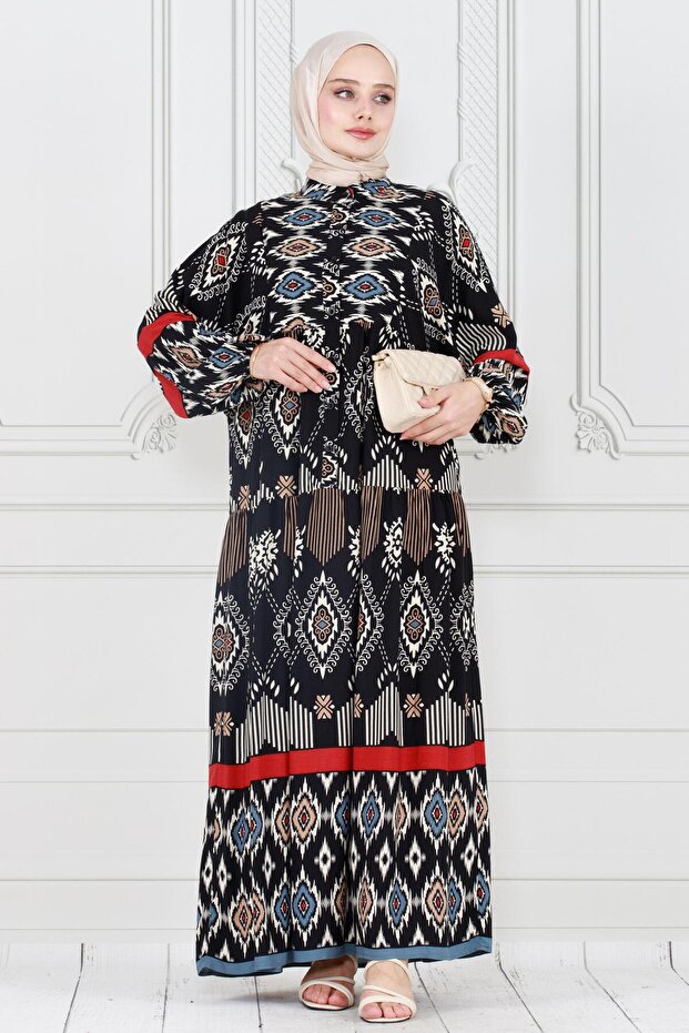 فستان أسود بنمط إيكات نصف زر - 2