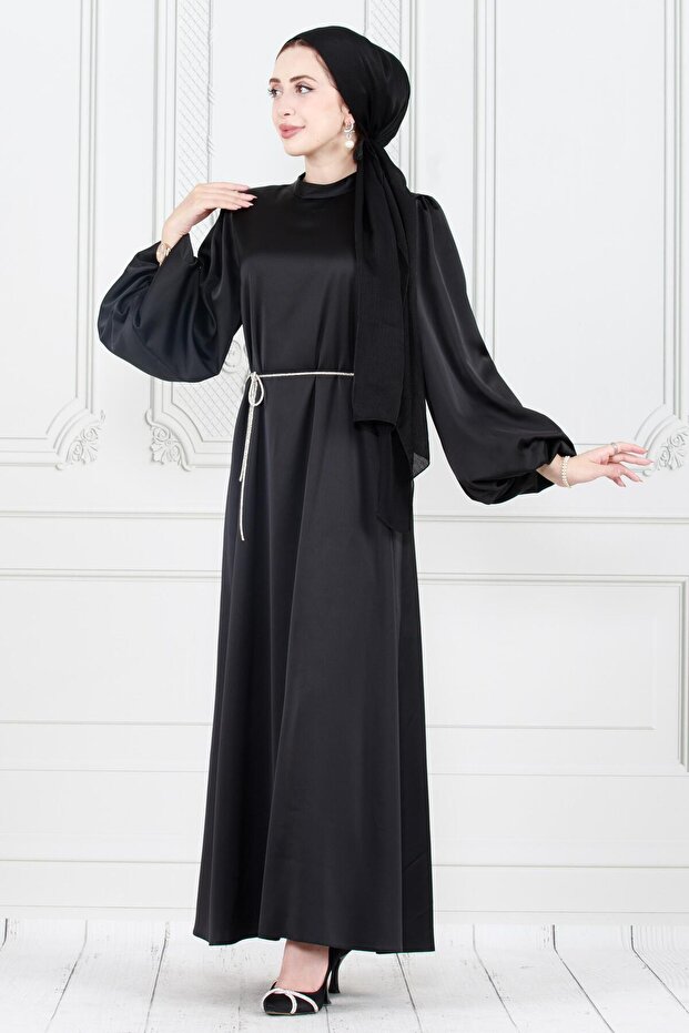 Balloon Sleeve Waist Rope Stone Detailed Ece Evening Dress-Black