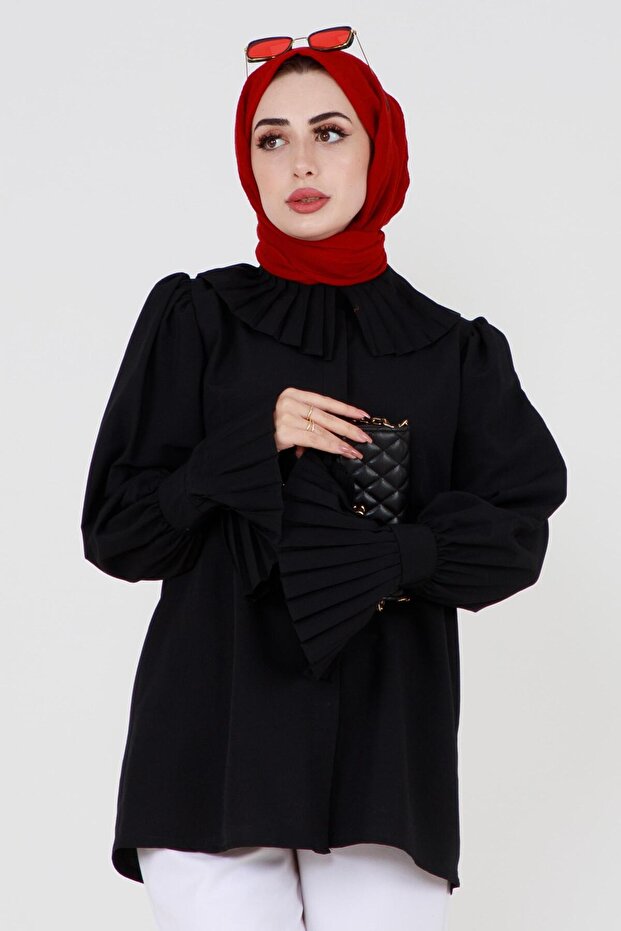 Kolu Piliseli Gömlek -Siyah - 4