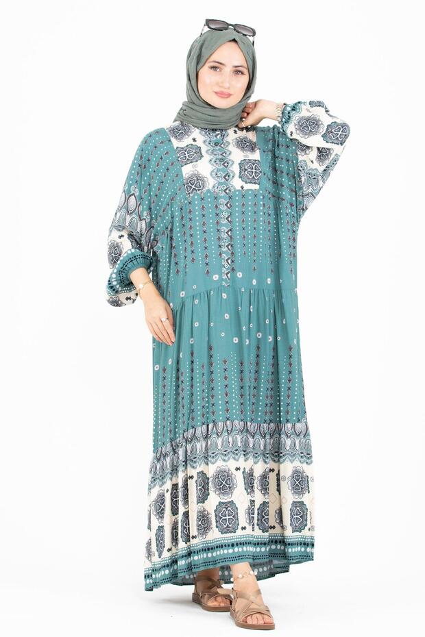 Mixed Pattern Viscose Dress-Mint green
