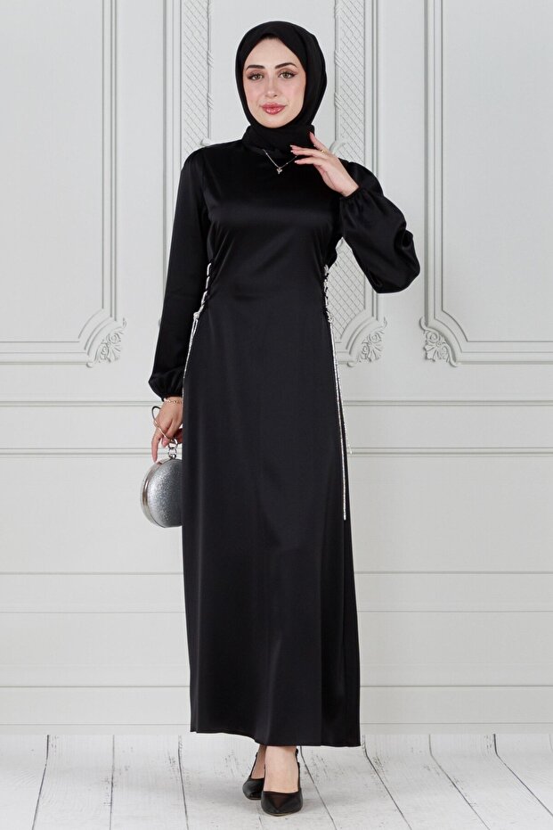 Lace-Up Satin Evening Dress with Stone Detail - Black