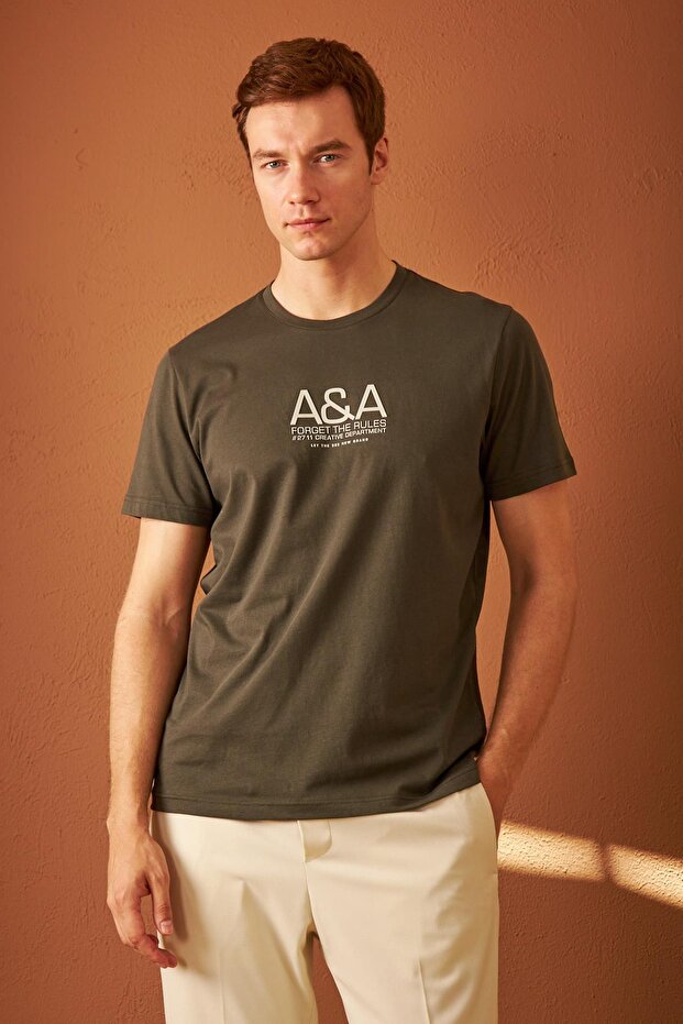 Comfort Fit Printed Men's Khaki T-Shirt Mars14