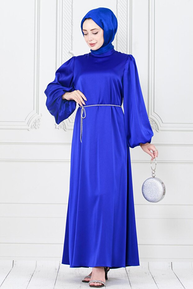 Balloon Sleeve Waist Drawstring Stone Detailed Ece Evening Dress-Sax Blue
