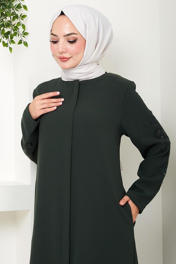 Nihan Kolları Taşlı Ferace Haki Hm2485 - 6