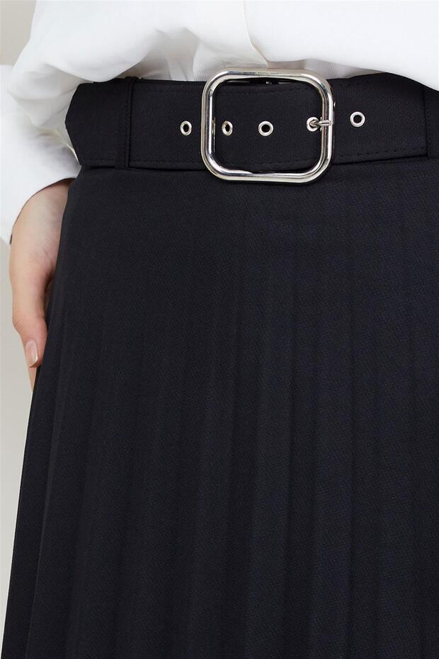 Kemerli Piliseli Etek Siyah - 4