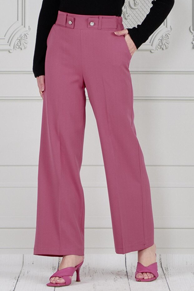 Belted Button Detailed Wide Leg Trousers-Dry Rose