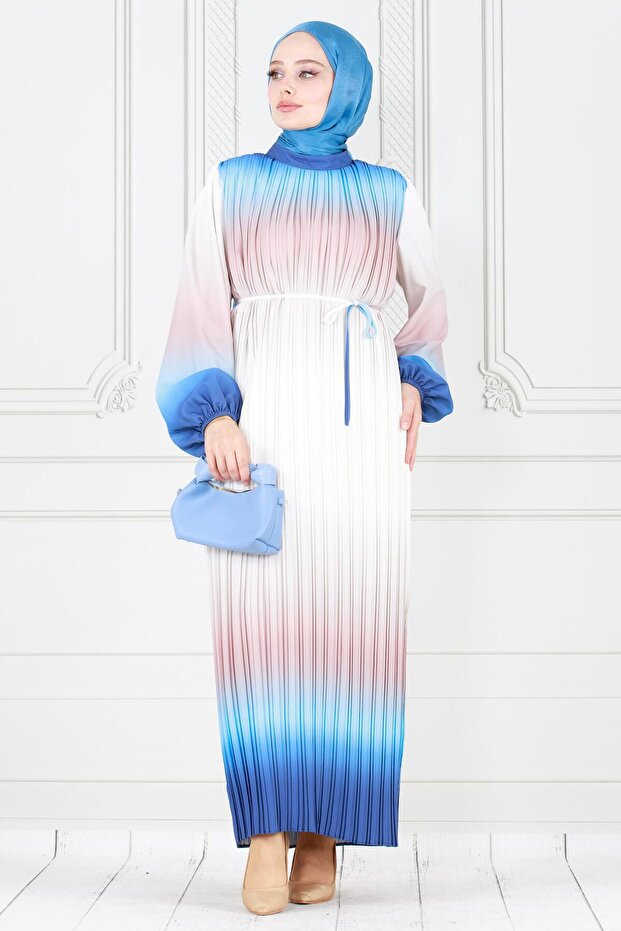 Piliseli Ebruli Tesettür Elbise-İndigo - 3