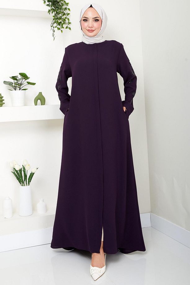Nihan Kolları Taşlı Ferace Mürdüm Hm2485 - 3