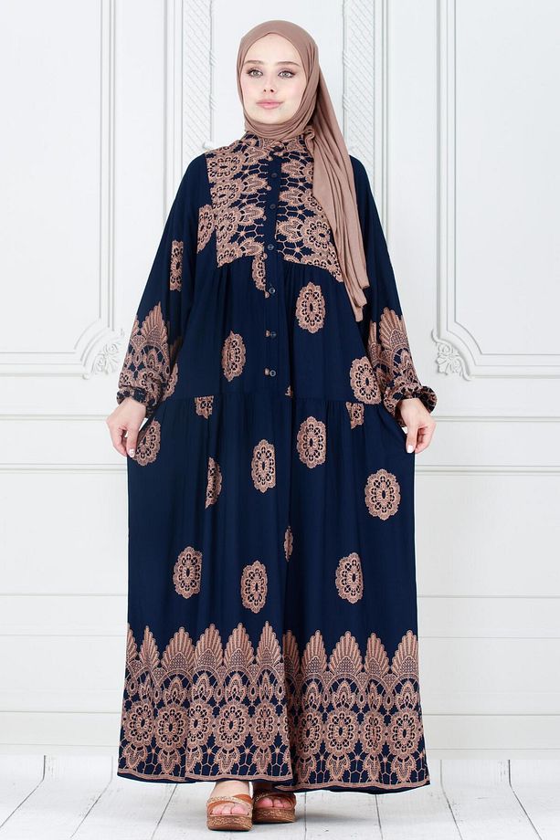 Motif Desen Robalı Viscon Tesettür Elbise-Lacivert - 1