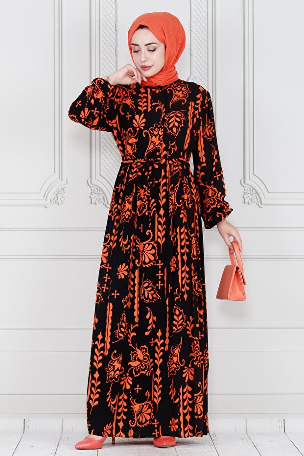 Authentic Half-Buttoned Viscon Dress-Orange - 2