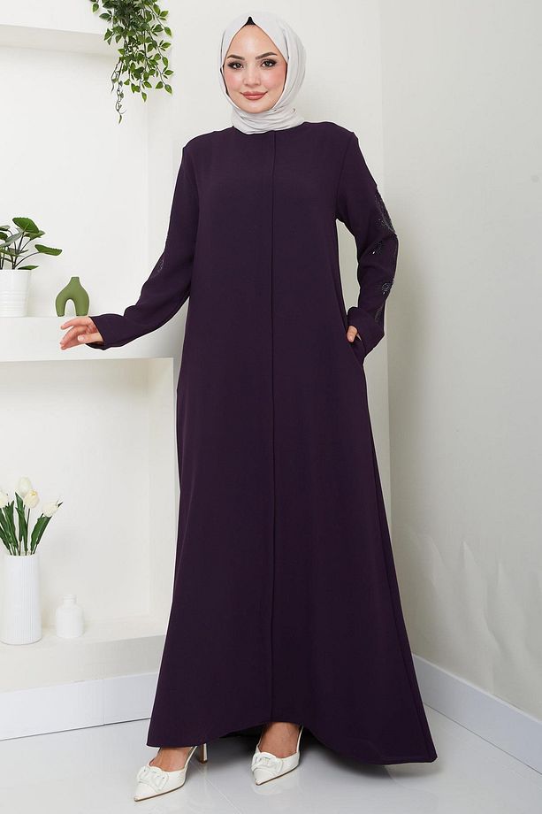 Nihan Kolları Taşlı Ferace Mürdüm Hm2485 - 2