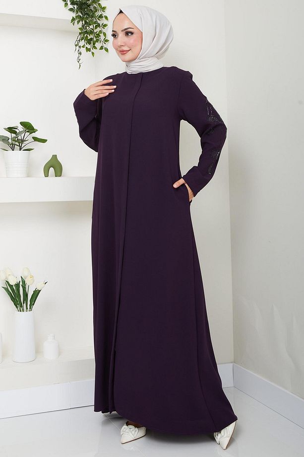 Nihan Kolları Taşlı Ferace Mürdüm Hm2485 - 5