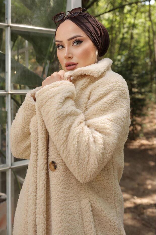 Krémszínű plüsskabát - Fleto Pocket, HM2506 modell - 3